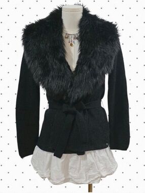 Guess Los Angeles dark black vintage wool faux fur wrap cardigan with tie